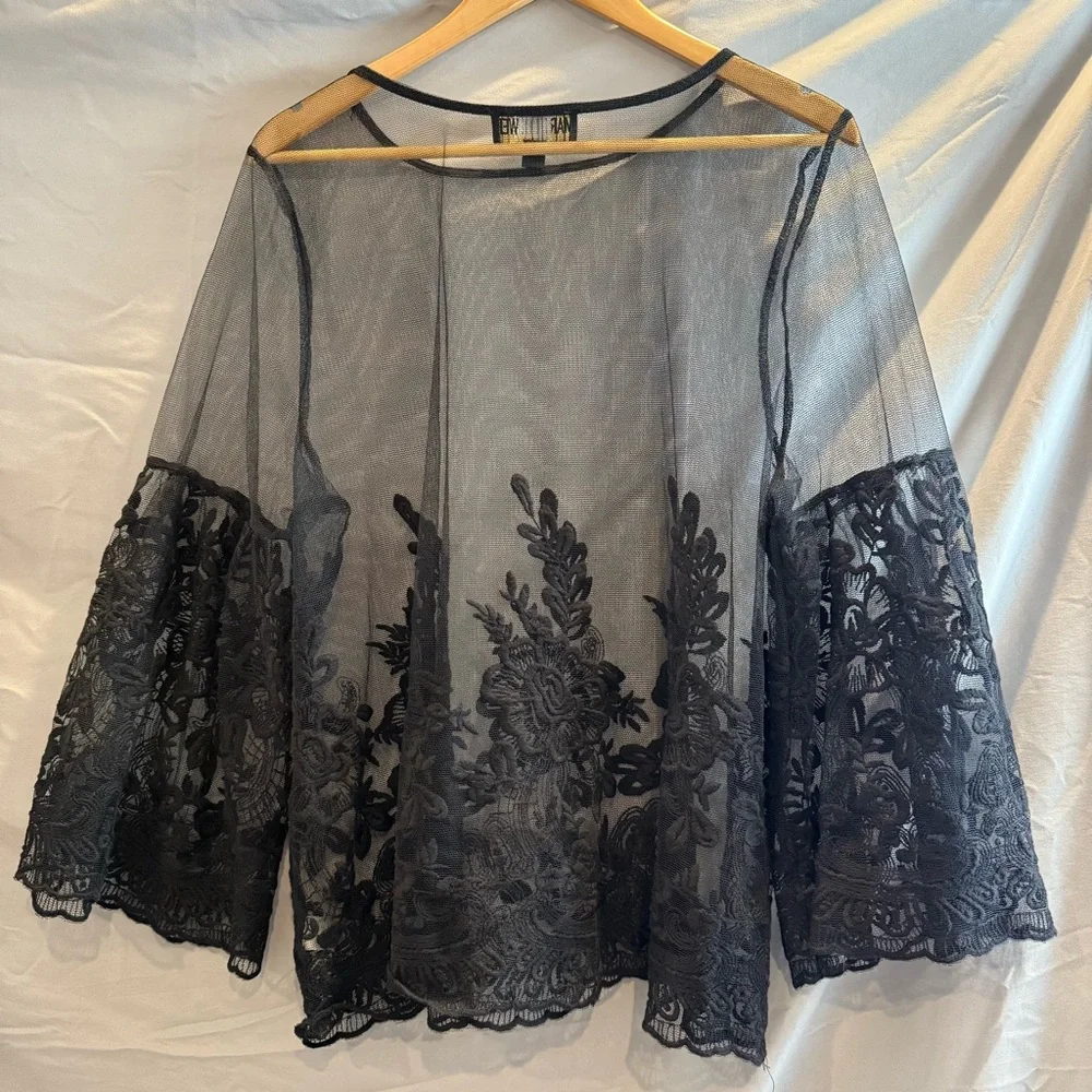 Marc Bouwer Black Sheer and Floral Lace Blouse Women’s XL - Picture 11 of 11
